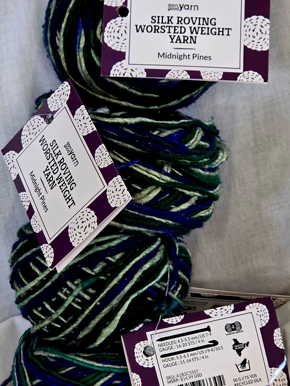Yarn Recycled Silk Roving Worsted 300yds Midnight Pines